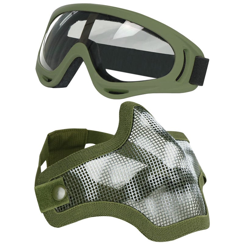 Aoutacc Airsoft Half Face Mask Steel Mesh and Goggles Set, Tactical Masks Protection Gear for Paintball BBS CS Nerf Game Cosplay Halloween Costume Accessories (ArmyGreen) - Image 1